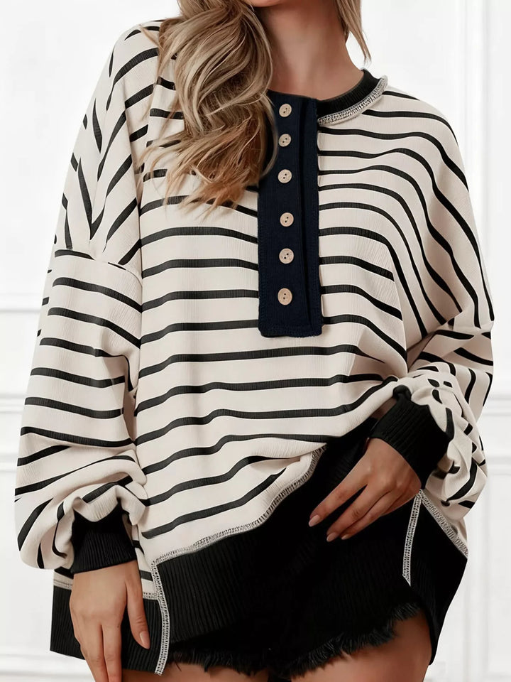 Beige Striped henley sweatshirt with wooden button placket