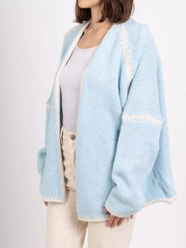 Contrast whipstitch trim open front knit cardigan
