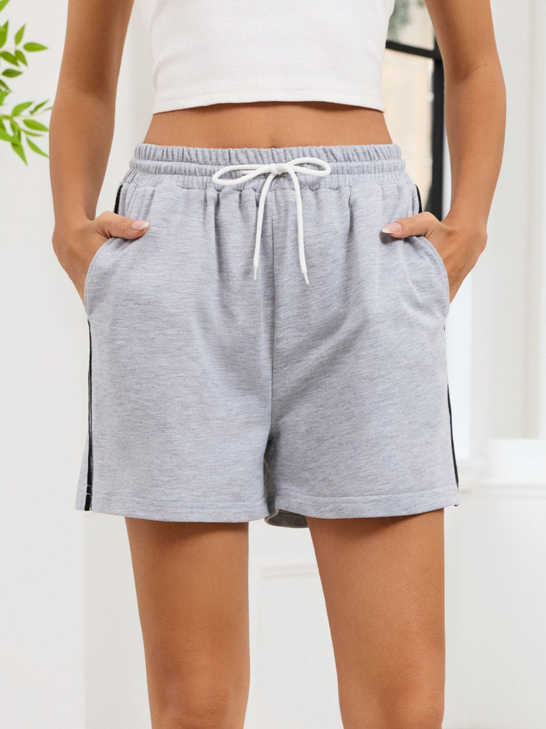 Gray Side-stripe drawstring lounge shorts with pockets