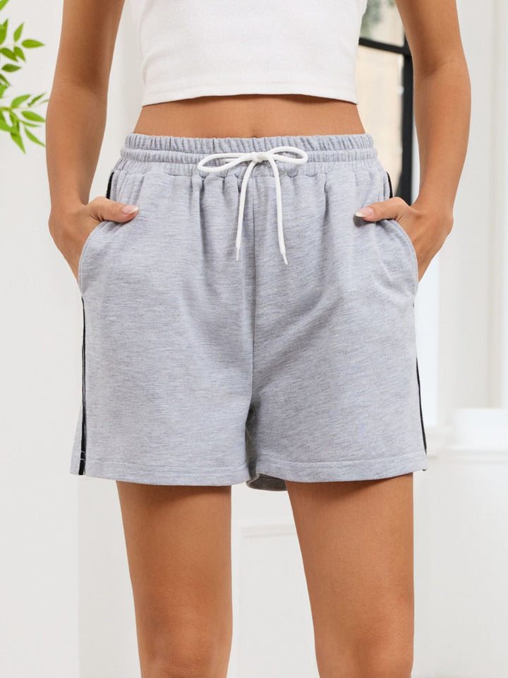 Gray Side-stripe drawstring lounge shorts with pockets