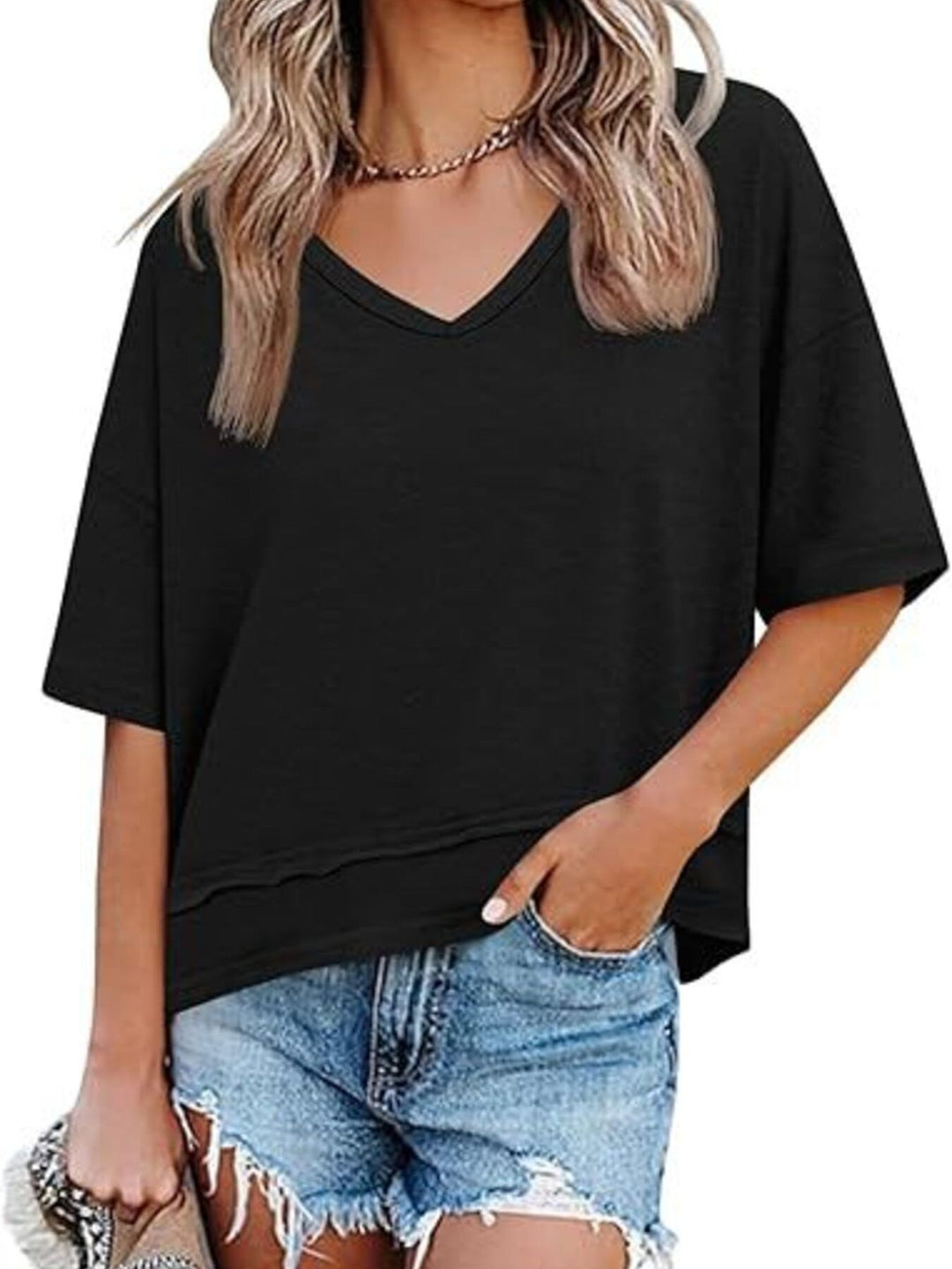 Relaxed-fit V-neck short sleeve tee with raw hem