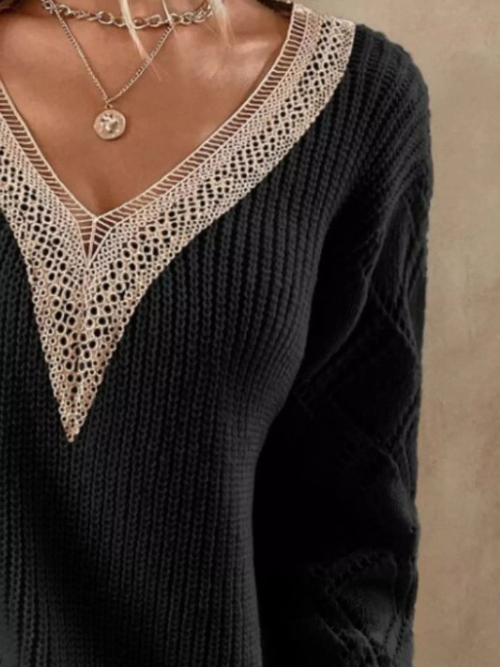 Openwork knit sweater with lace V-neck and diamond sleeves
