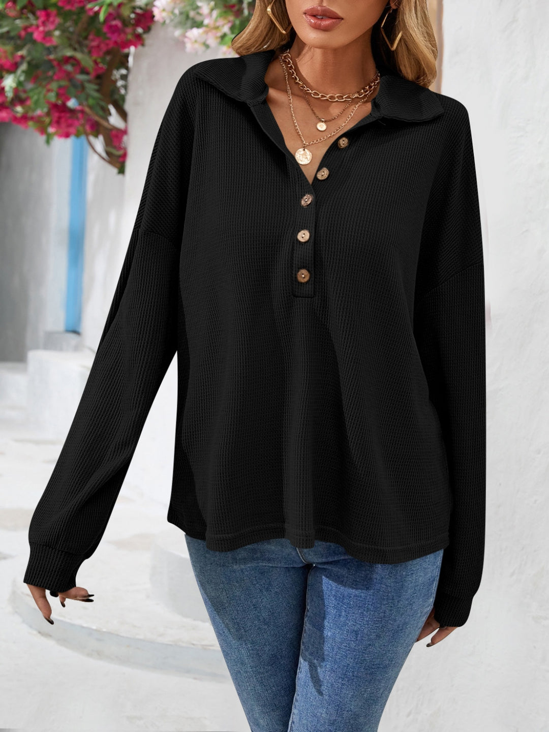Black Waffle knit half-button collared long sleeve top