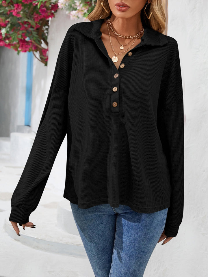 Black Waffle knit half-button collared long sleeve top