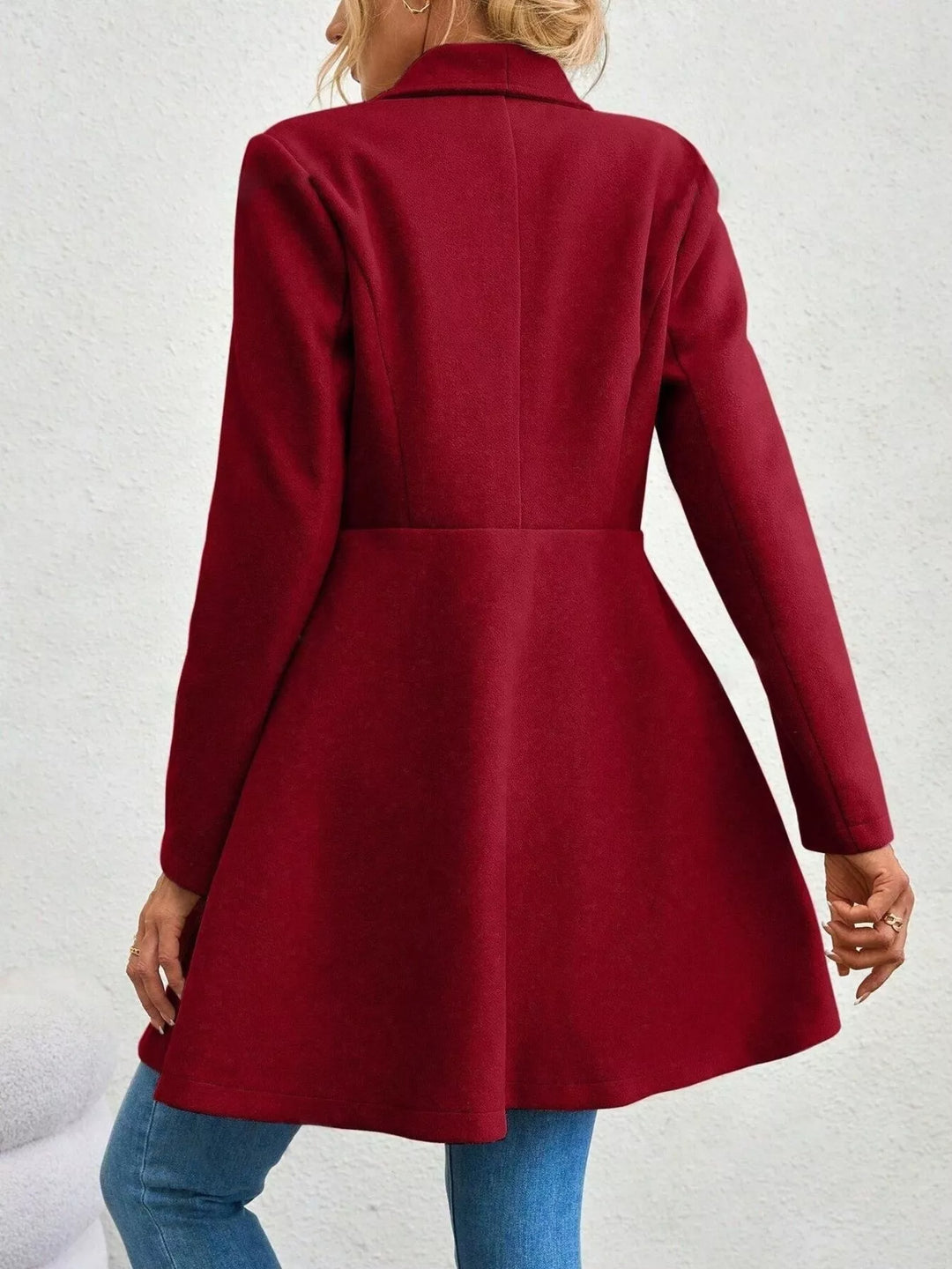 Wide lapel fit-and-flare coat with peplum hem