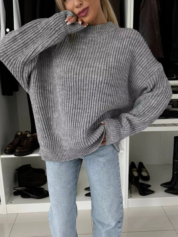 Gray Chunky ribbed knit oversized crew neck sweater