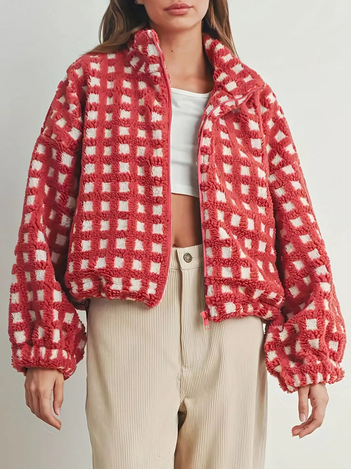 Plaid sherpa zip-up jacket with stand collar and drawstring hem