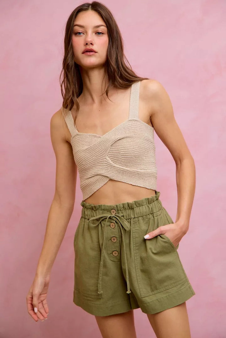 Paper bag waist twill shorts with button front and patch pockets