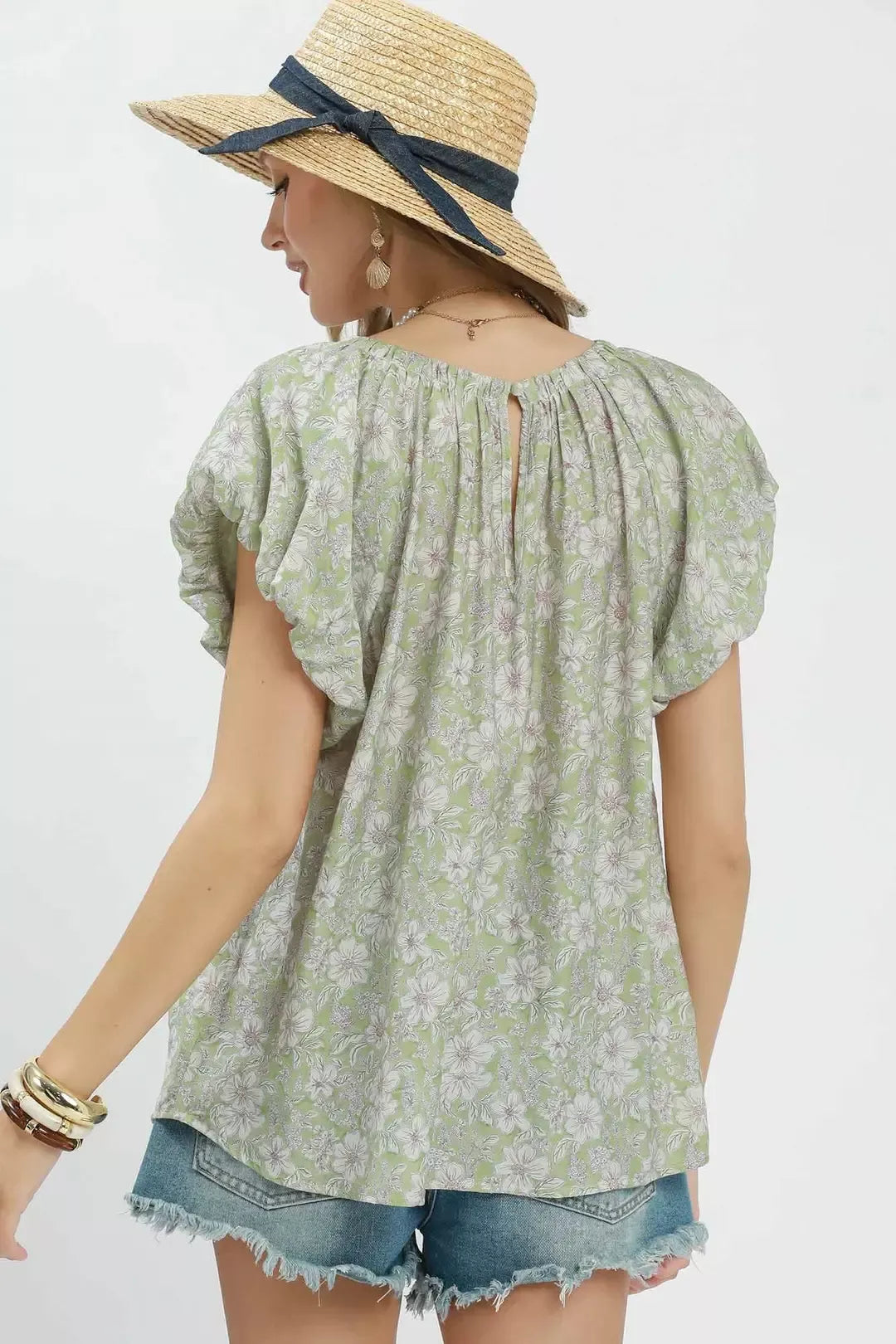 Floral puff sleeve blouse with gathered neckline