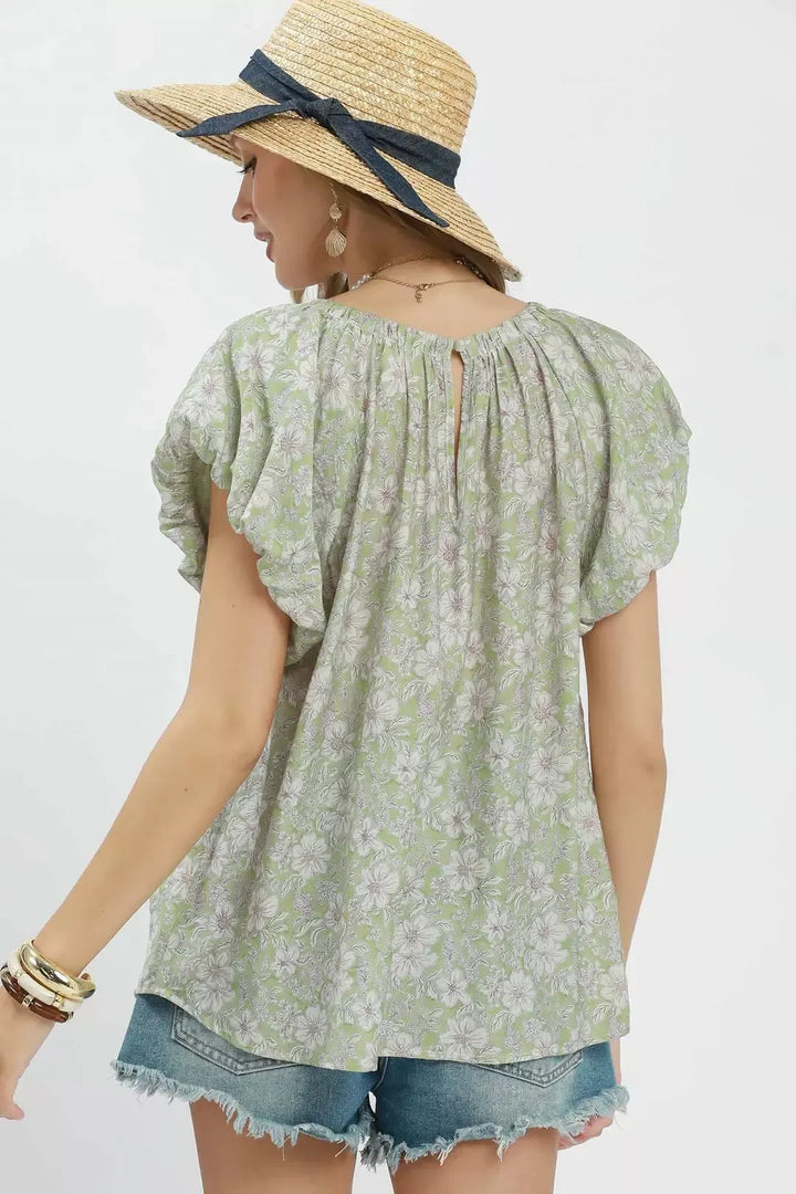 Floral puff sleeve blouse with gathered neckline