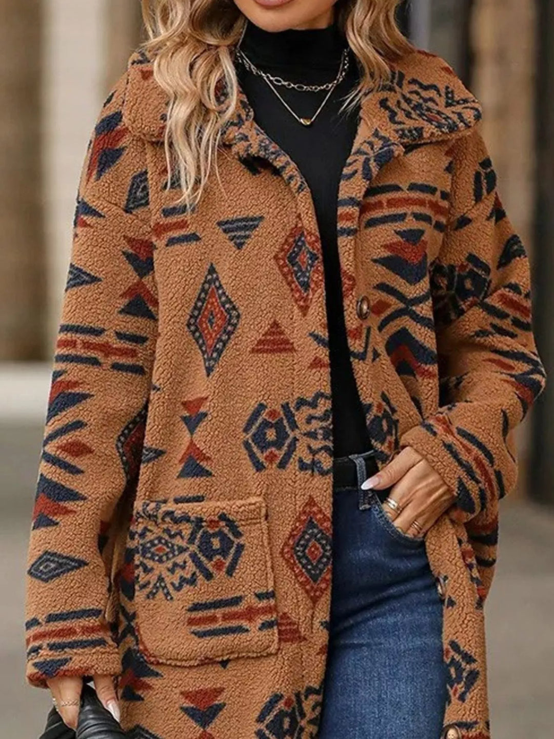 Aztec print button-up longline fleece coat