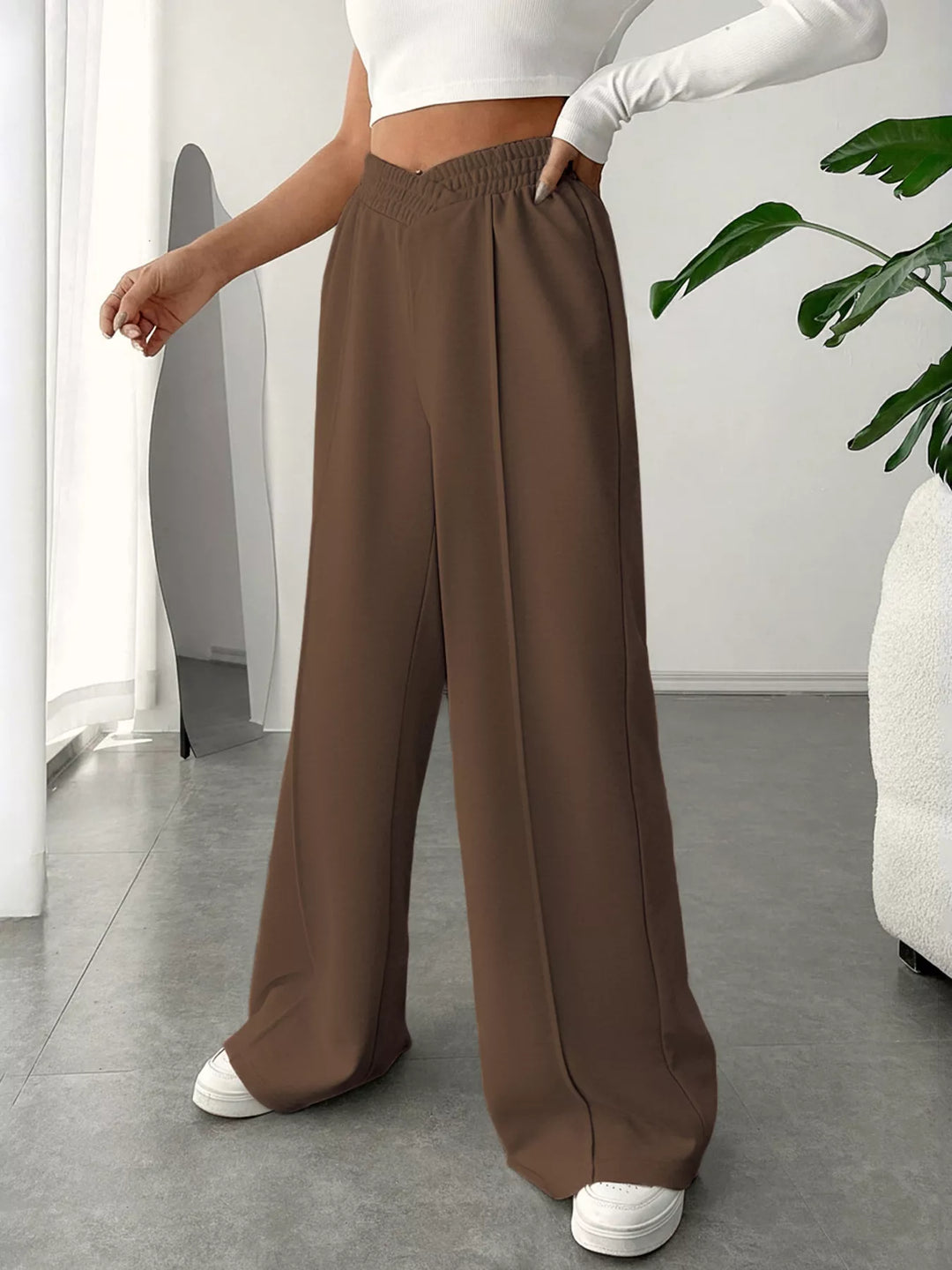 High waist wide leg pull-on pants with V-notch waistband