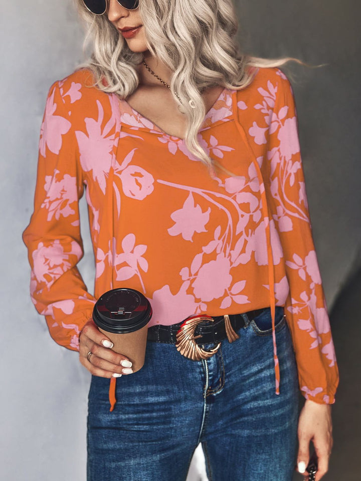 Watermelon pink Floral print tie neck long sleeve blouse