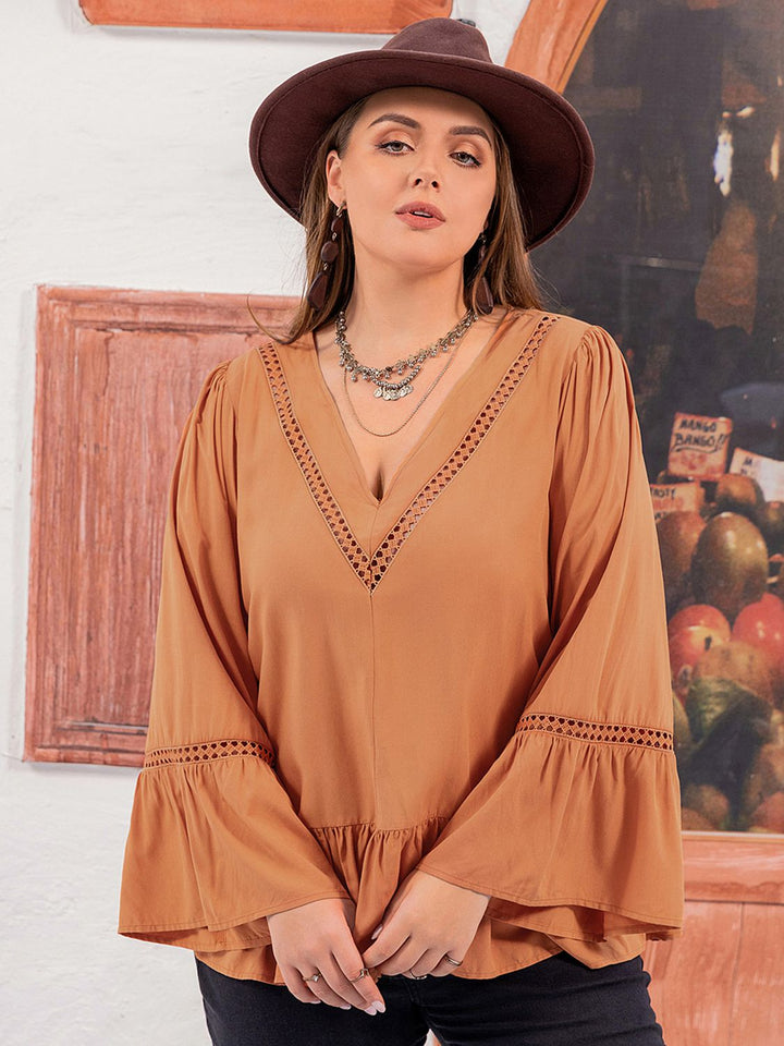 Caramel Plus size crochet-trim V-neck peplum blouse with flare sleeves