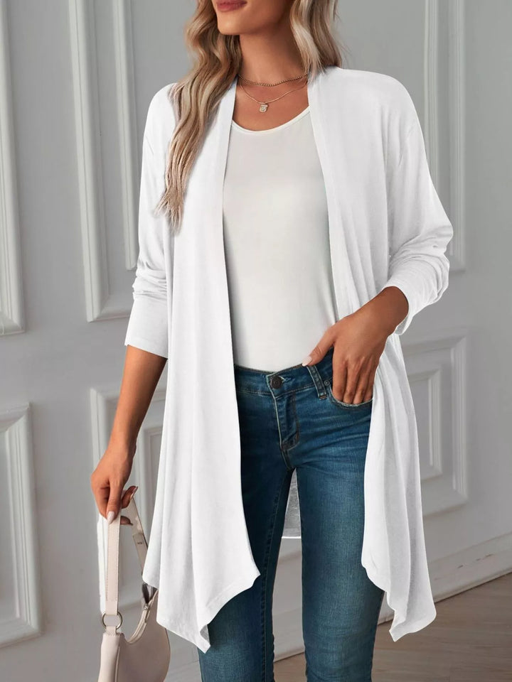 White Lightweight open front cardigan with draped waterfall hem