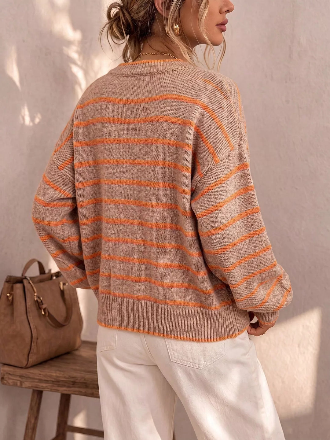 Striped button-front knit cardigan with contrast trim