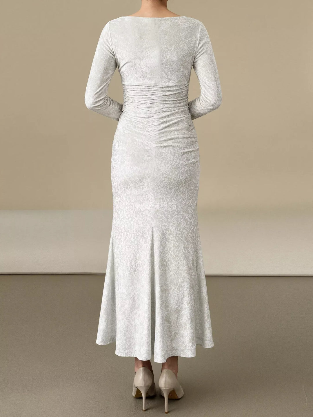 Ruched crushed velvet long sleeve midi dress
