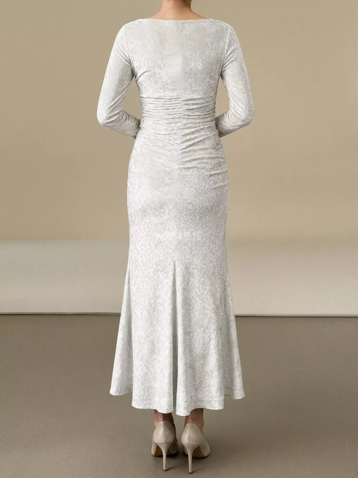 Ruched crushed velvet long sleeve midi dress