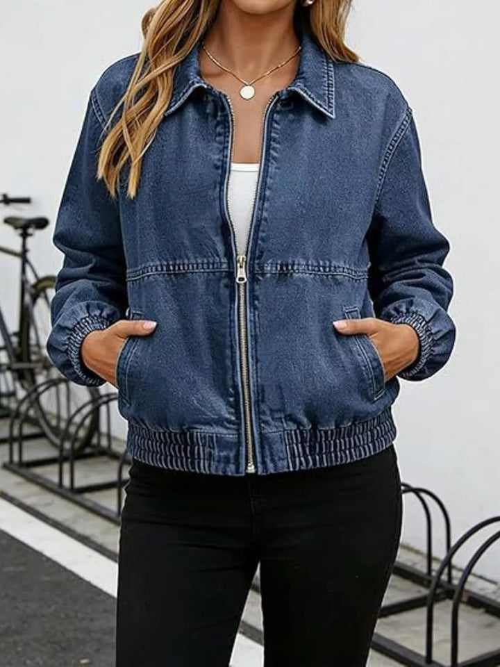 Zip-front washed denim bomber jacket with ribbed hem