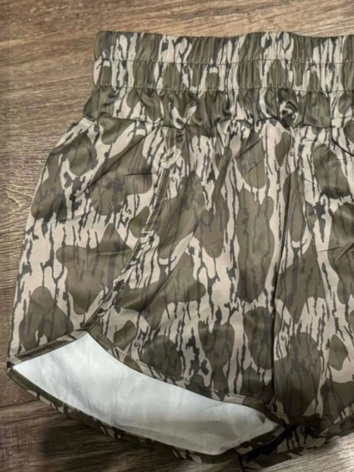 Olive Brown Camo print flowy running shorts with elastic waist
