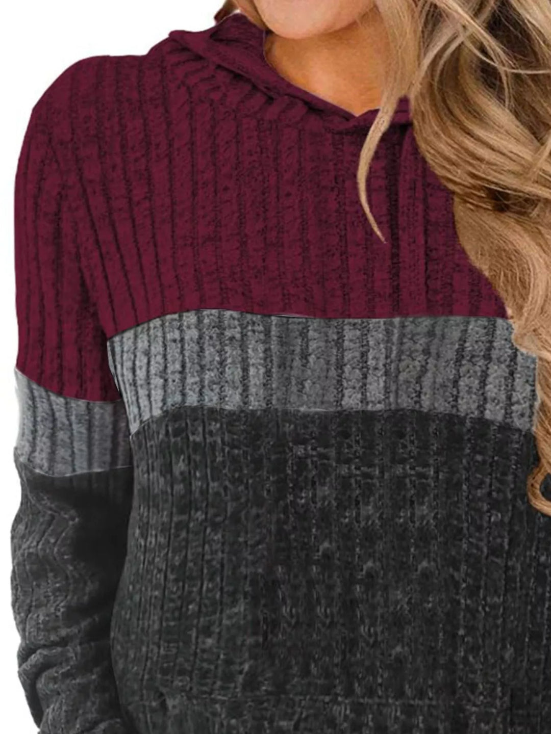 Color block ribbed knit hoodie with kangaroo pocket
