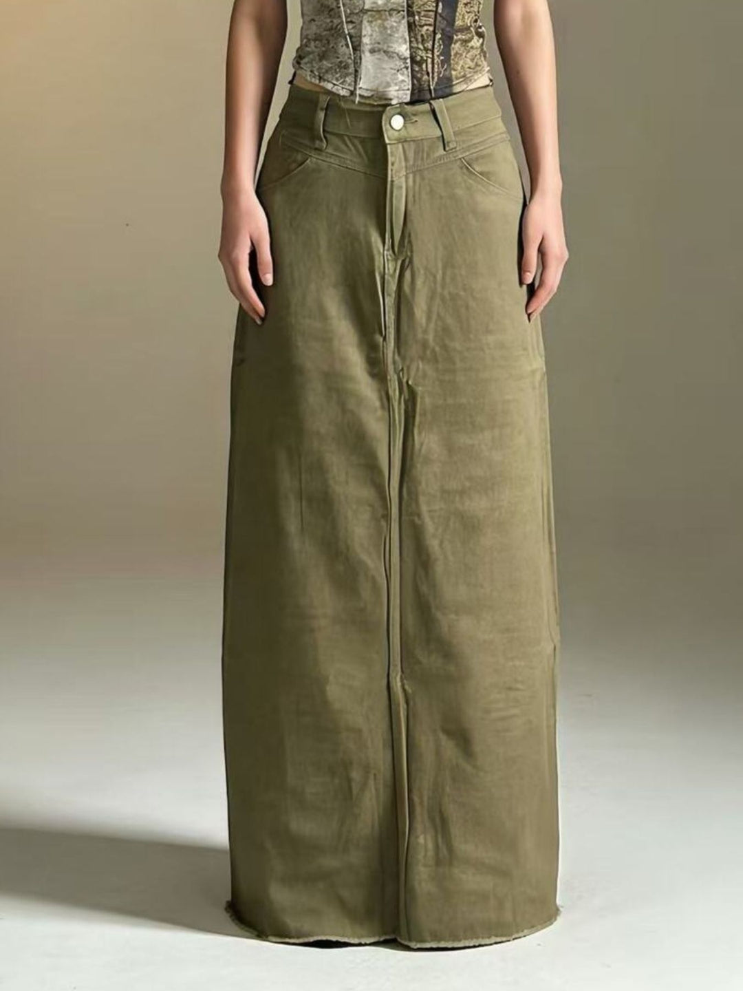 Army Green Raw hem maxi denim skirt with button closure and front pockets