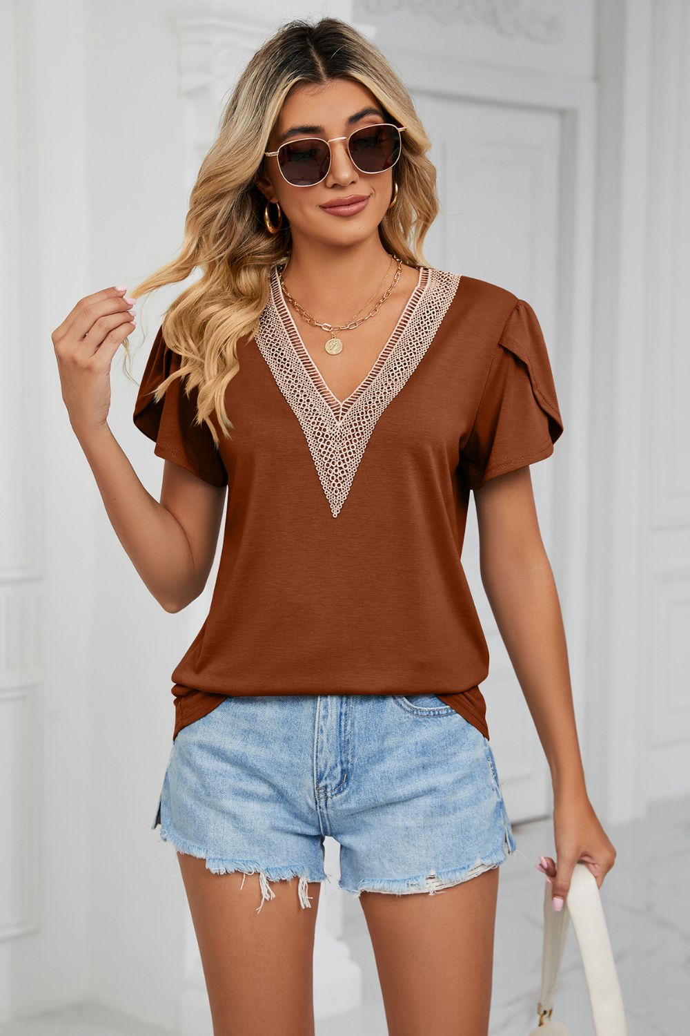 Brown Contrast crochet trim petal sleeve V-neck top