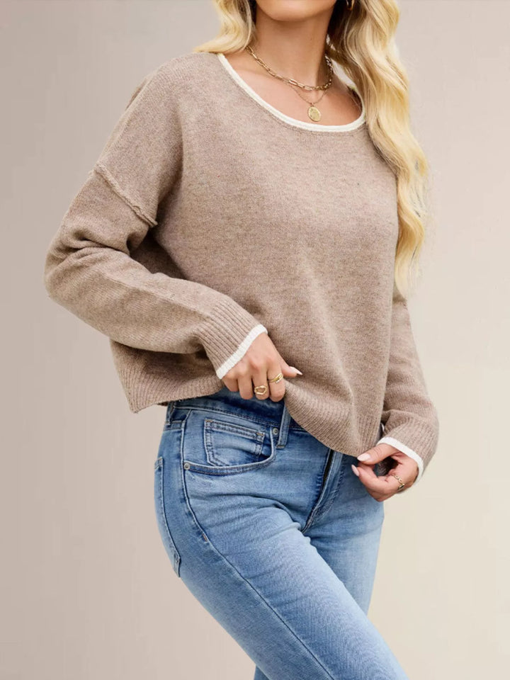 Contrast trim drop shoulder knit sweater with ribbed hem