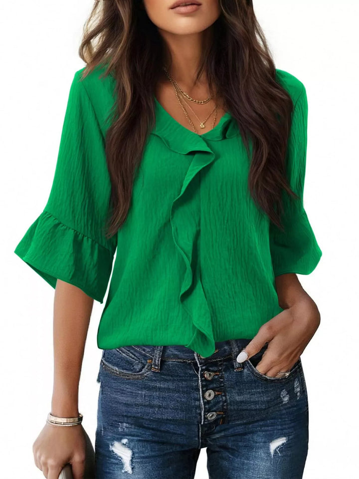 Green Ruffle trim V-neck blouse with flared bell sleeves