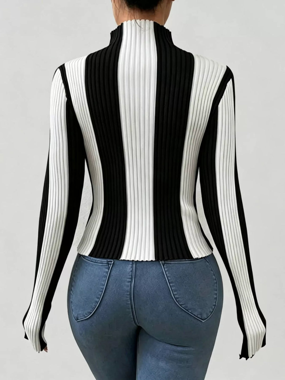 Color block ribbed knit turtleneck top with long sleeves
