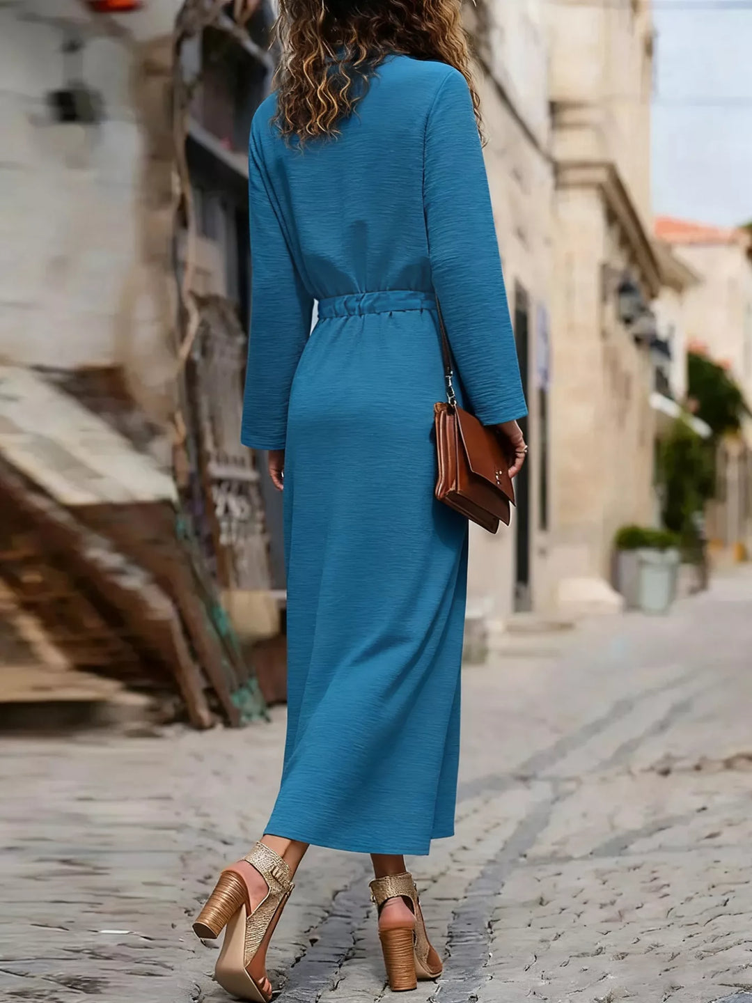 Button-down maxi shirt dress with drawstring waist