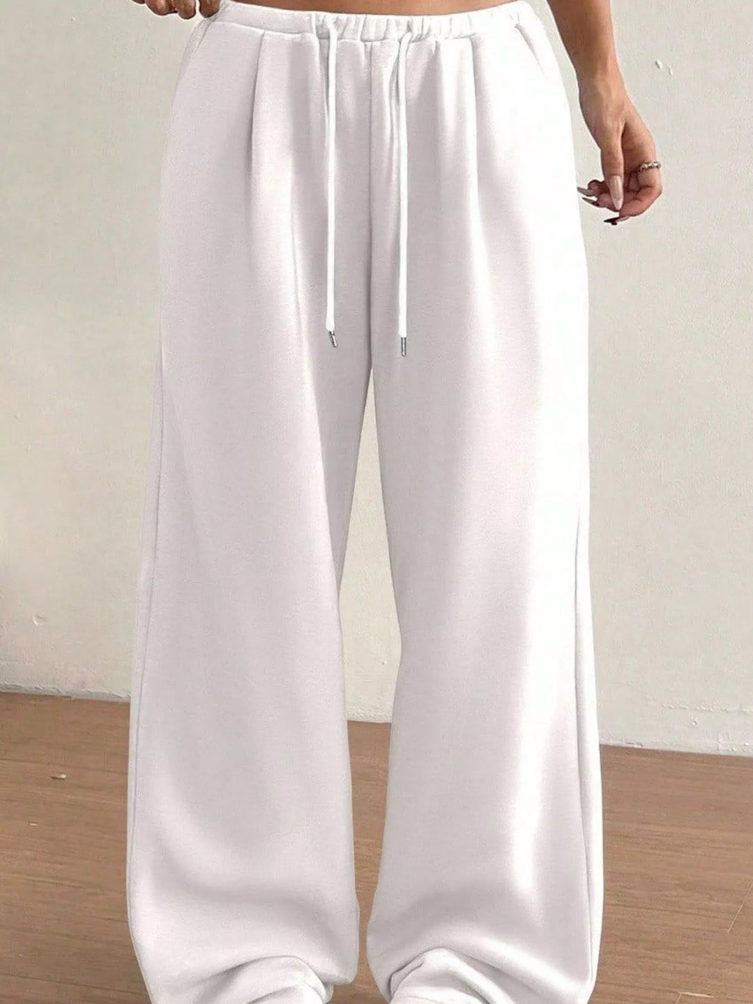 White High-waist wide-leg drawstring sweatpants