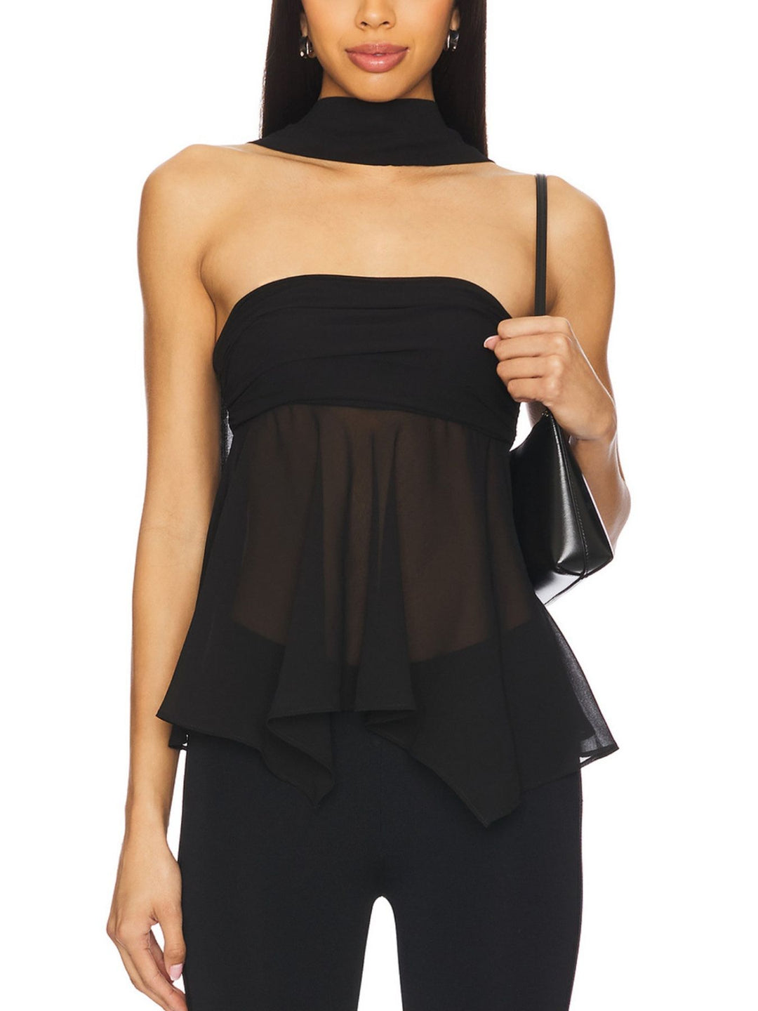 Sheer strapless tube top with handkerchief hem and scarf