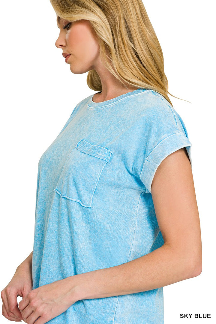 Snow-washed cuffed short sleeve tee with chest pocket