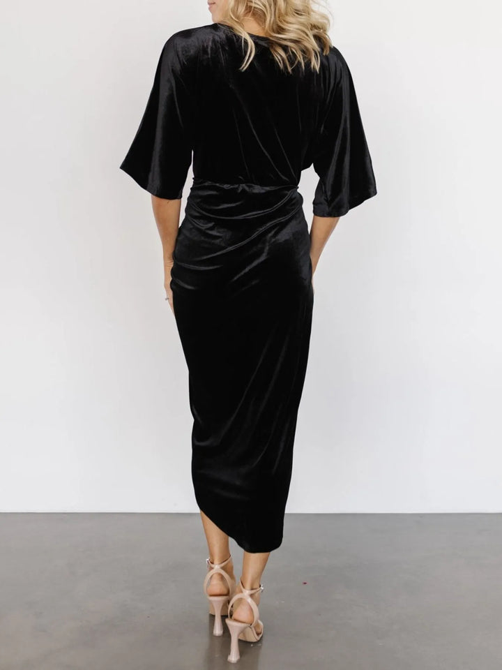 Ruched velvet wrap midi dress with surplice v-neck