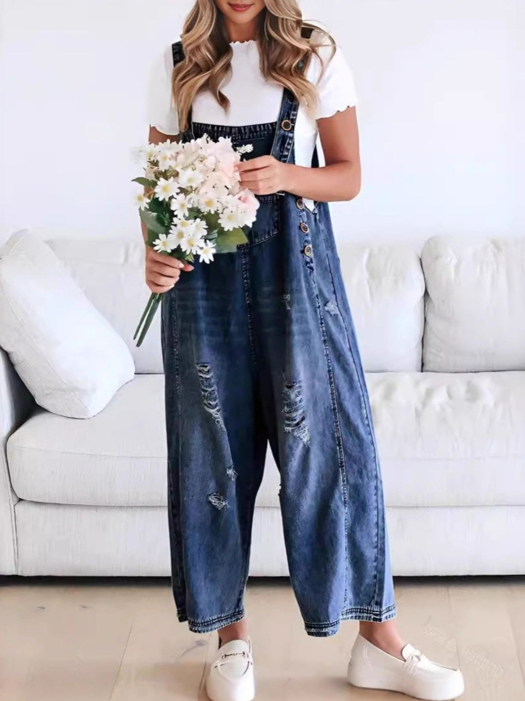 Blue-black Distressed wide leg denim overalls with adjustable straps