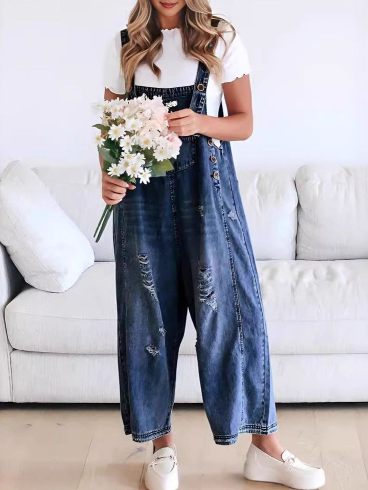 Blue-black Distressed wide leg denim overalls with adjustable straps