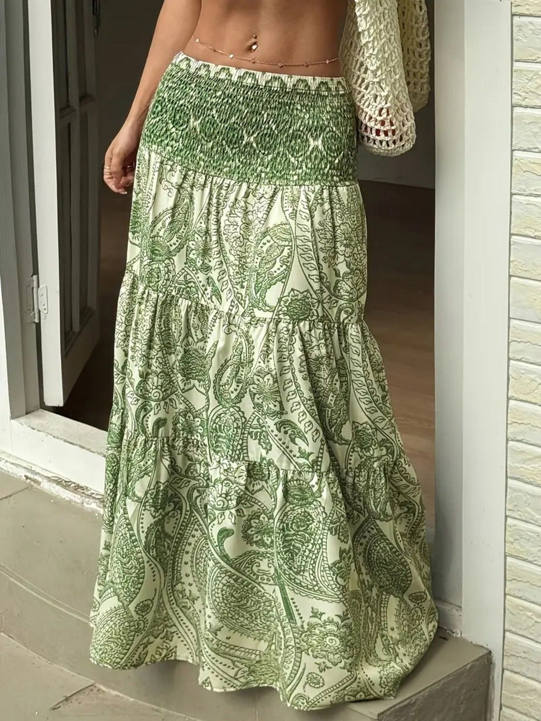 Gum Leaf Paisley print maxi skirt with smocked waist