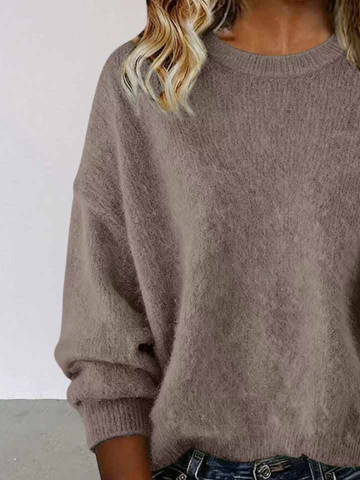 Dropped-shoulder crew neck knit sweater with ribbed trim