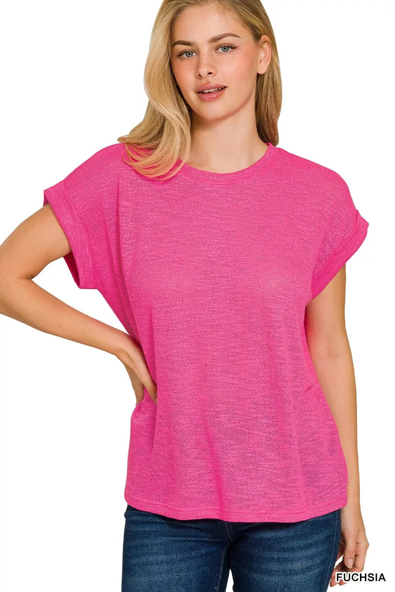 FUCHSIA Hacci slub knit tee with rolled cuff short sleeves