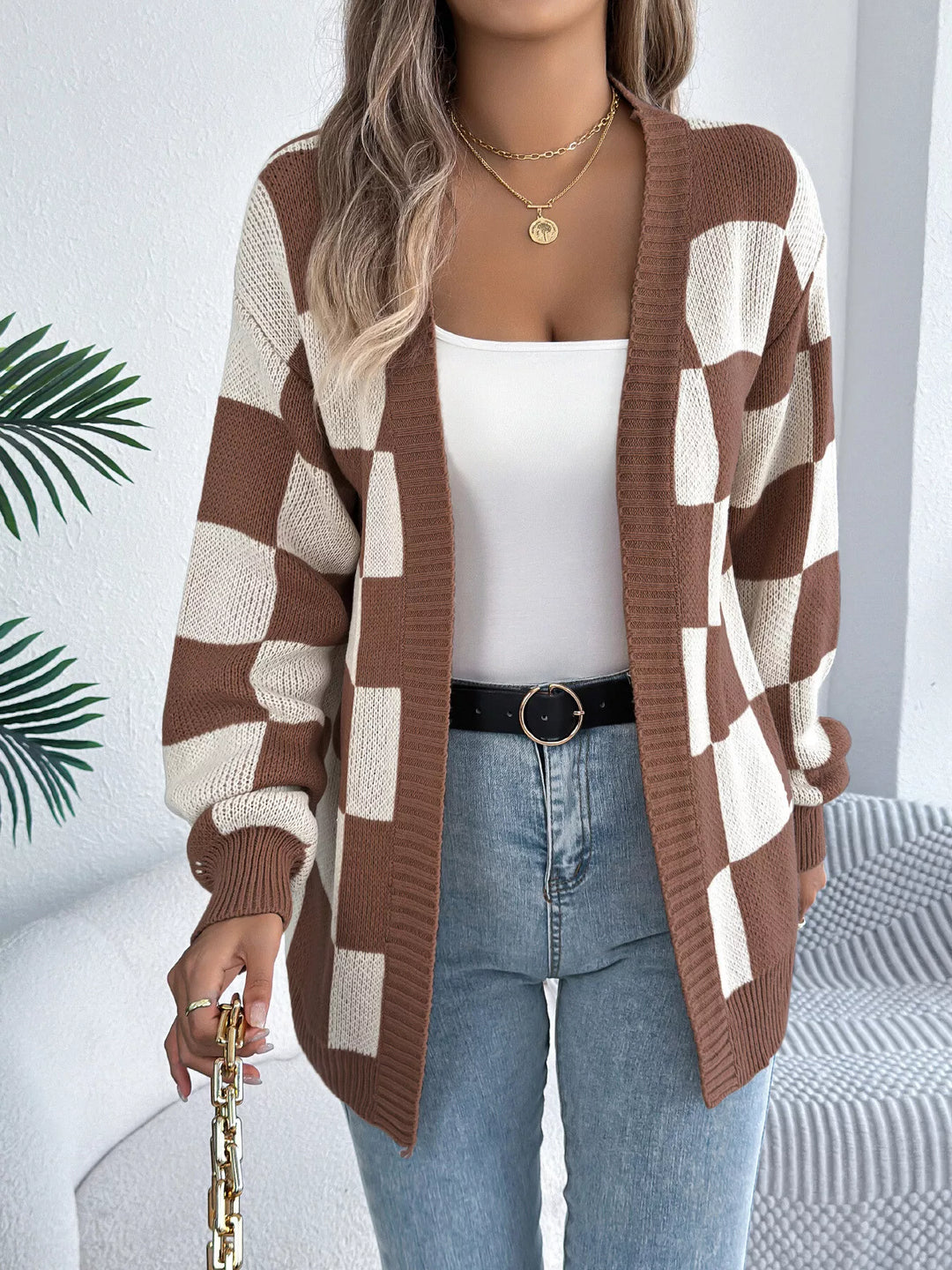 Checkerboard open front knit cardigan with ribbed trim