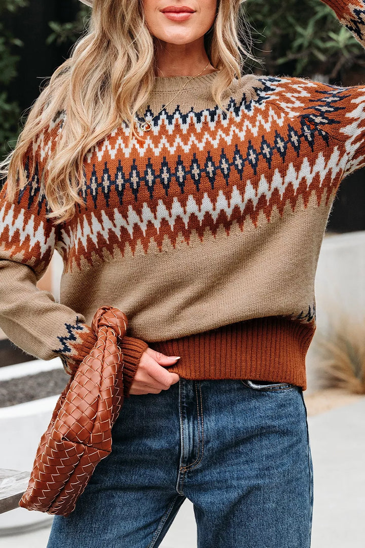 Geometric zigzag knit crew neck pullover sweater