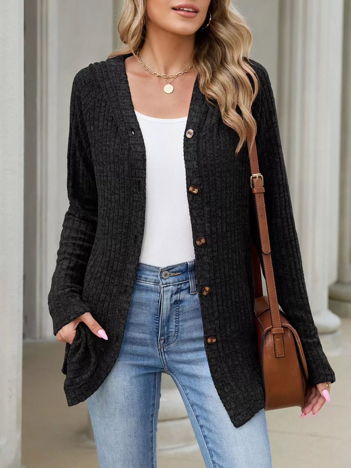 Ribbed knit hooded cardigan with tortoise buttons