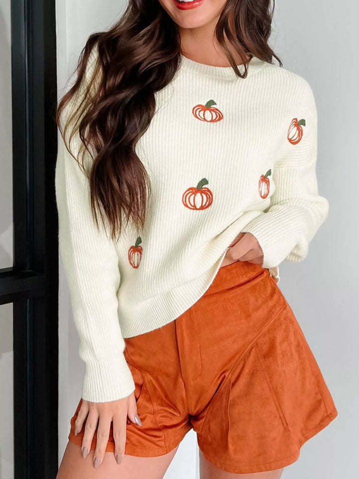 Pumpkin embroidered ribbed knit crew neck sweater