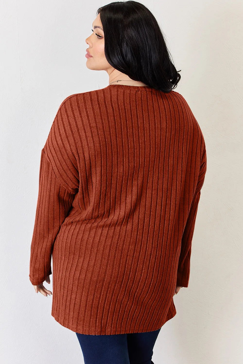 Ribbed knit half-button long sleeve high-low top