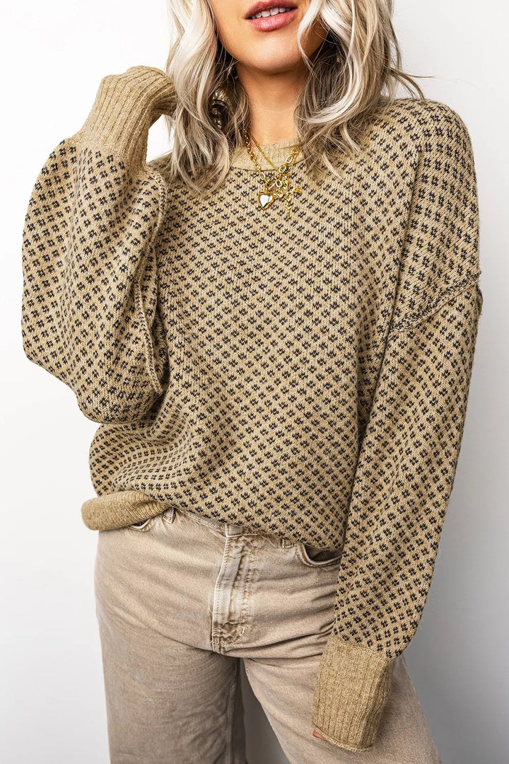 Geometric dot knit drop shoulder crew neck sweater
