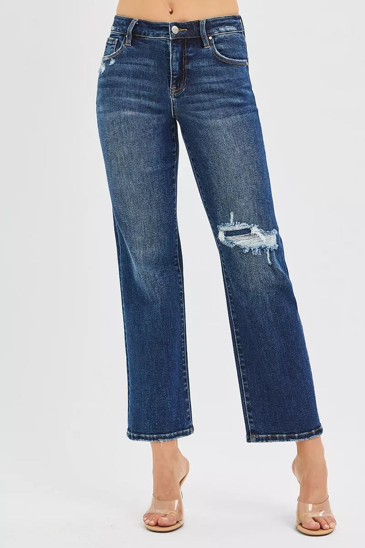 Distressed high-rise cropped slim straight jeans with raw hem