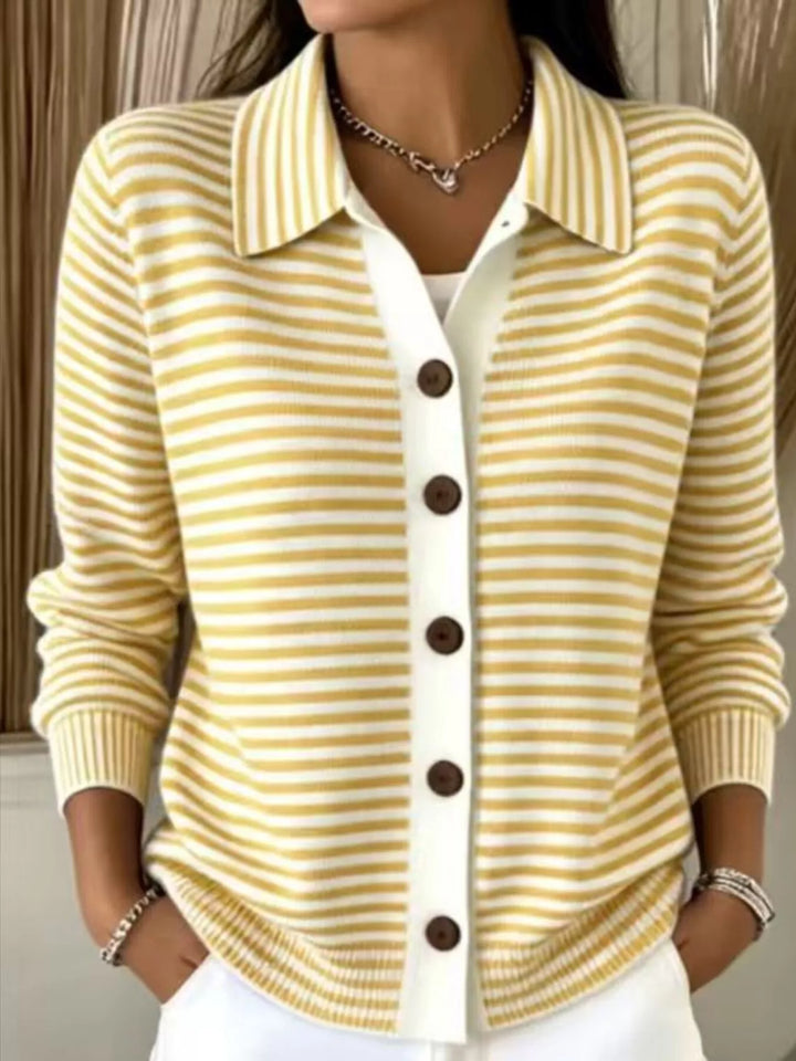 Yellow Striped button-down knit cardigan with pointed collar