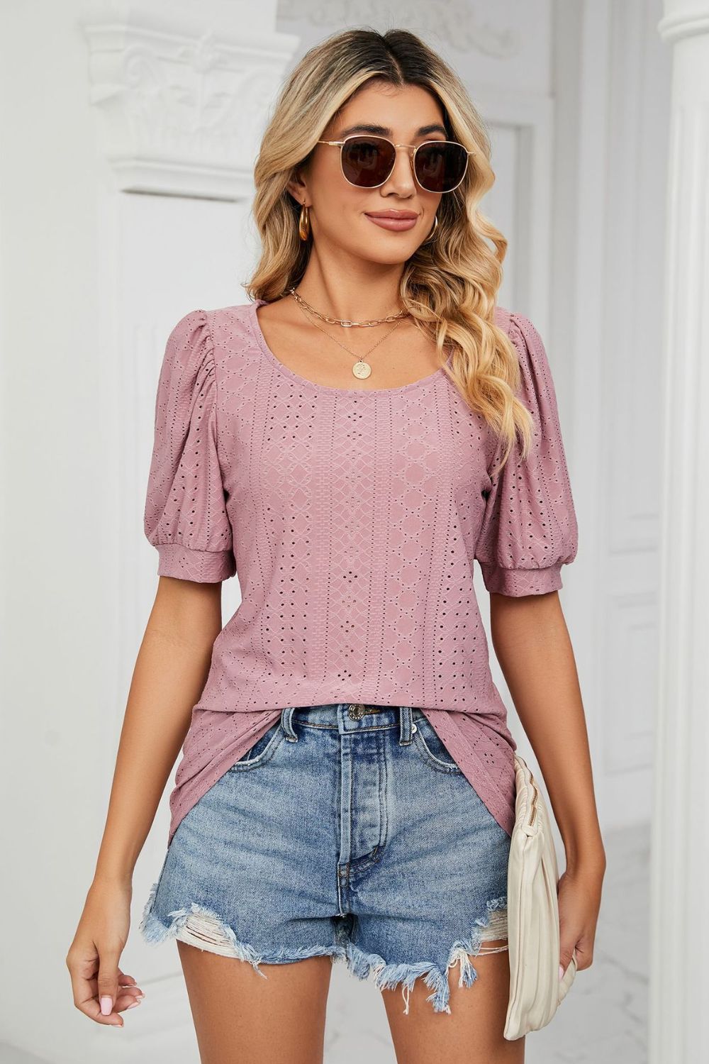 Pink Eyelet puff sleeve top with scoop neckline