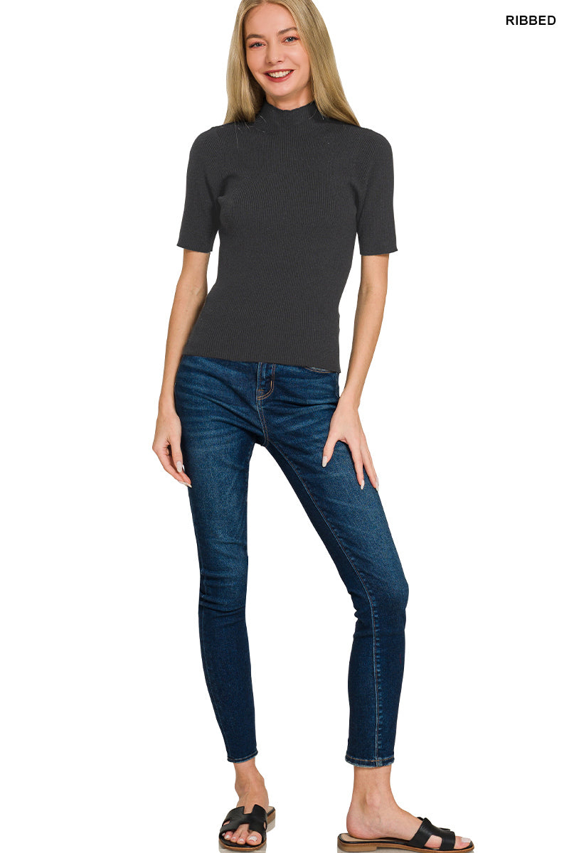 Ribbed knit mock neck short sleeve sweater top